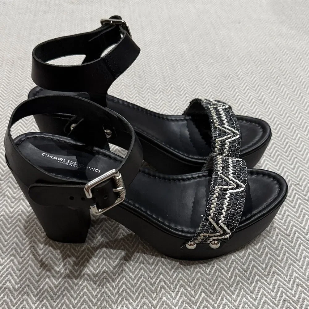 Charles David Black and Silver Platform Sandals Size 8